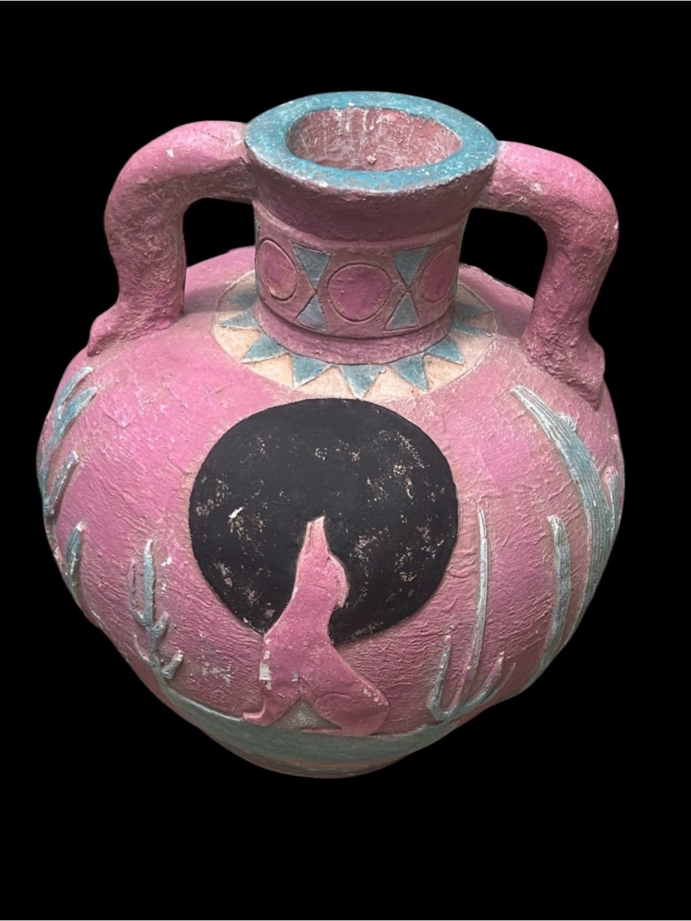 Mexican Folk Art Pot Amphora Vase Pottery Coyote Rare Handles Hand Painted 14” T